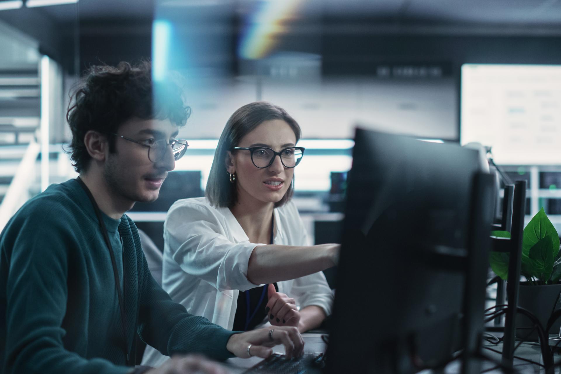 Colleagues working on a computer together